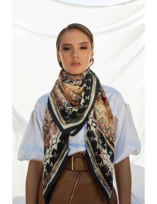 Girl wears a Greek silk scarf around her neck